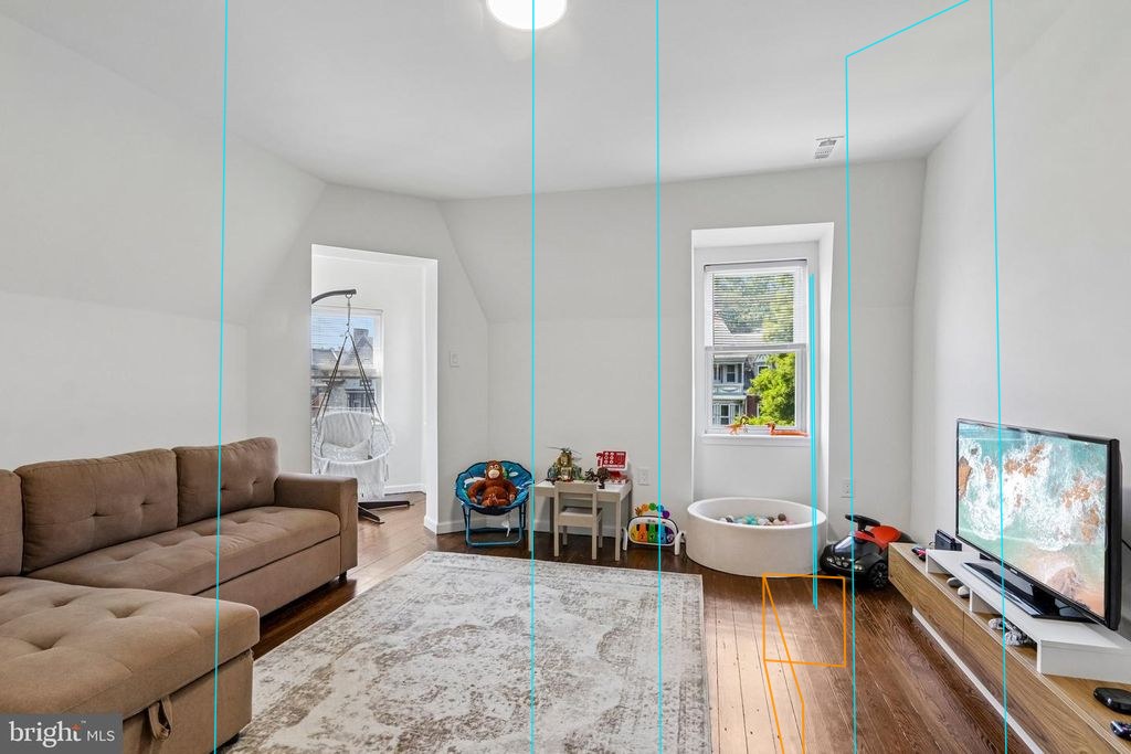 Photo 30 — Floor 3 front lounge with the plan's walls, windows and furniture projected through the fitted camera