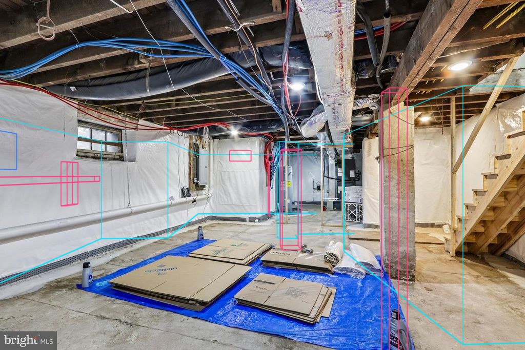Photo 43 — Basement, reverse view with the plan's walls, windows and furniture projected through the fitted camera
